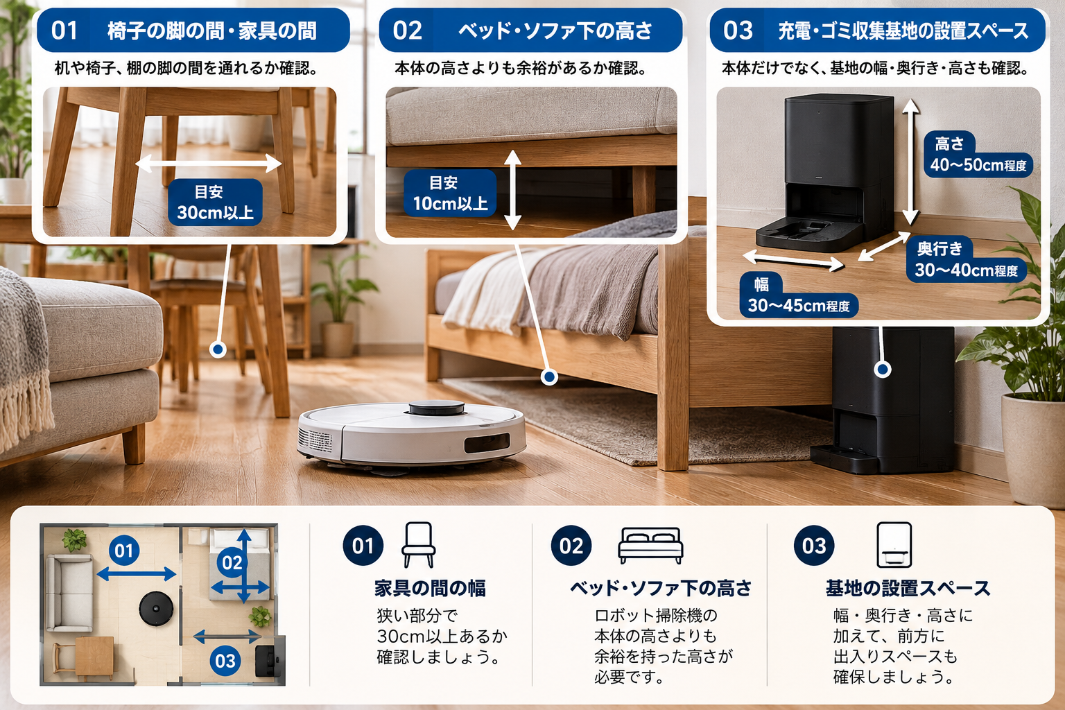 狭い部屋でロボット掃除機を買う前に測る3か所を示した図