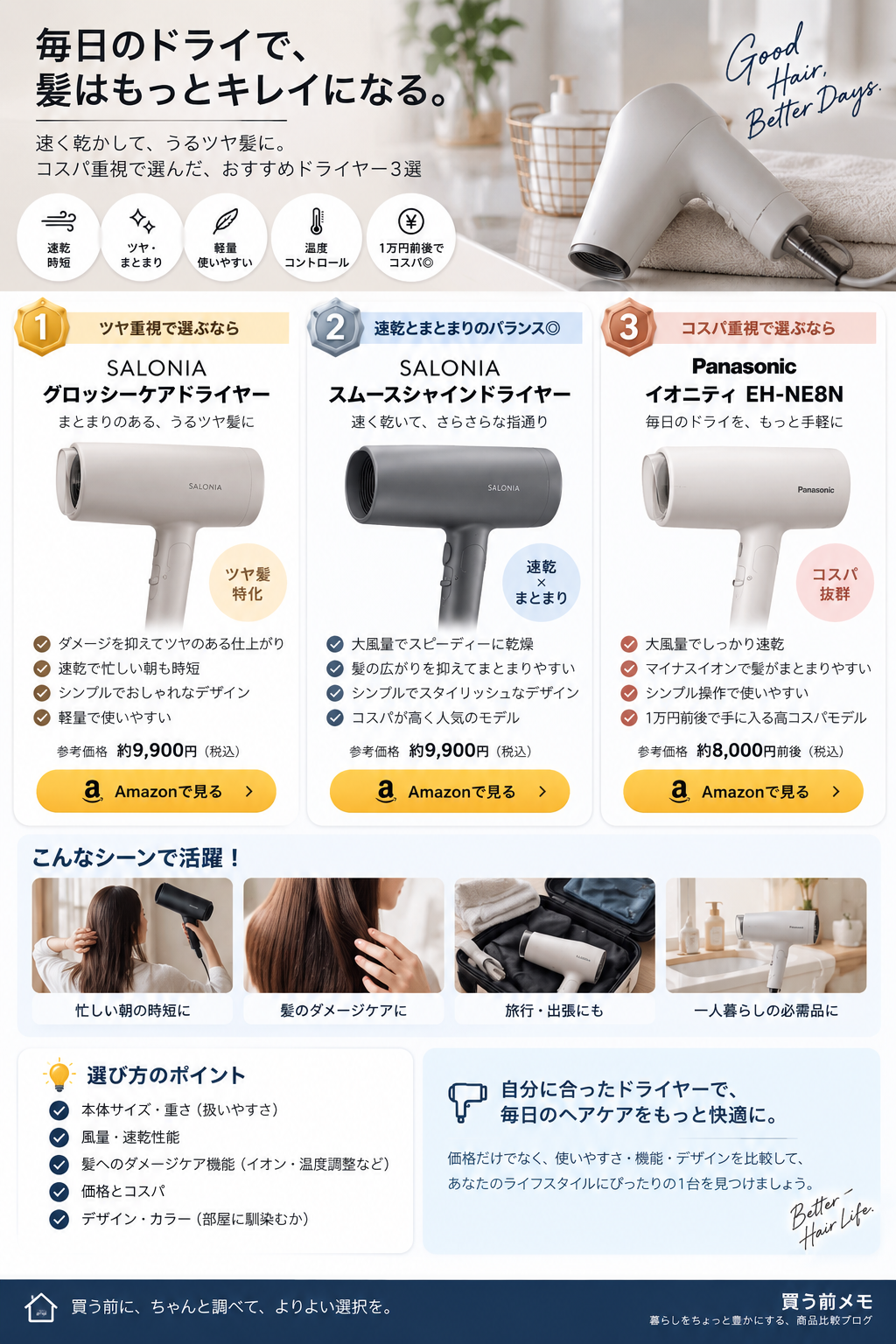 SALONIAとPanasonicのドライヤー3選を比較したインフォグラフィック
