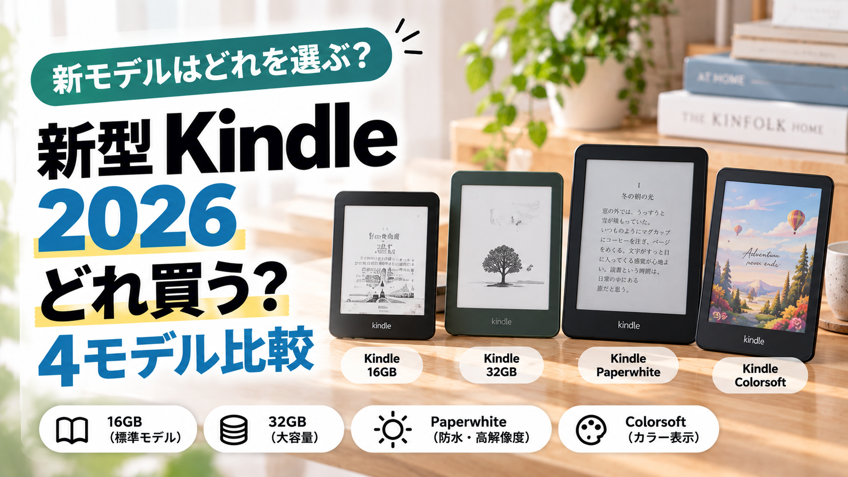 新型Kindle 2026の16GB・32GB・Paperwhite・Colorsoftの4モデルを比較したアイキャッチ