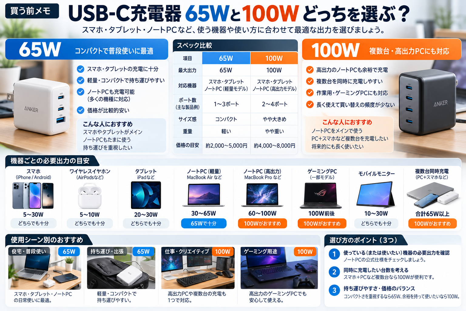 iPhone 18 Pro用充電器の35W・60W・65Wの選び方を比較した早見表